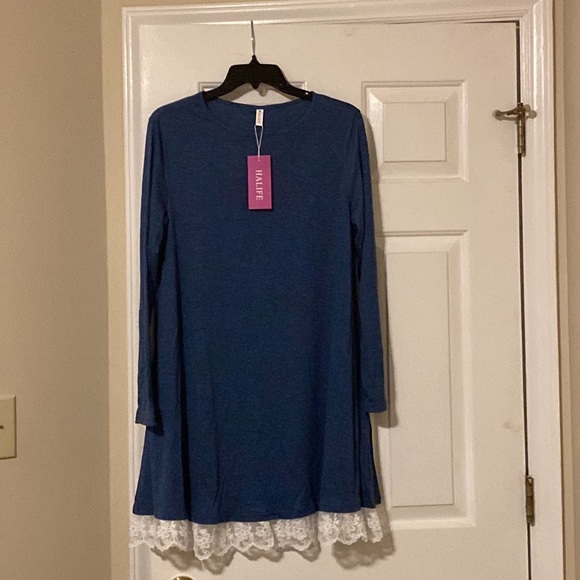 Halife Women Casual Loose Crew Neck Long Sleeve T-Shirt Swing Dress with Pockets - Picture 3 of 6